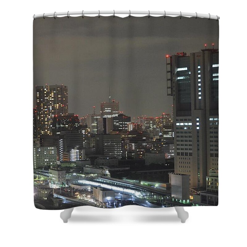 Docomo Tower Shower Curtain featuring the photograph DoCoMo Tower over Shinagawa Station and Tokyo Skyline at Night by Jeff at JSJ Photography