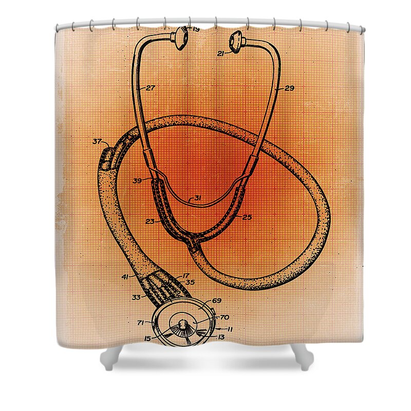 Blueprint Shower Curtain featuring the drawing Doctor Stethoscope 1 Patent Blueprint Drawing Sepia by Tony Rubino