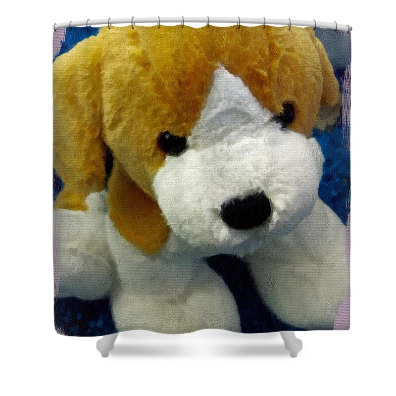 Puppy Dog On Blue Rug Shower Curtain featuring the photograph Doggy on Blue Rug by Joan Reese