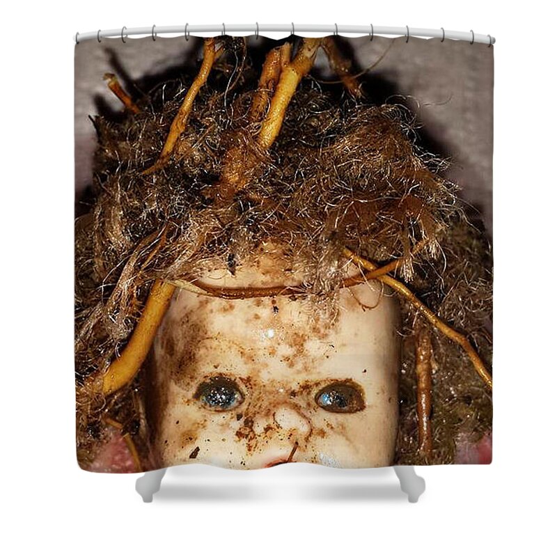 Creepy Doll Head Shower Curtain featuring the photograph Doll Head by Ally White
