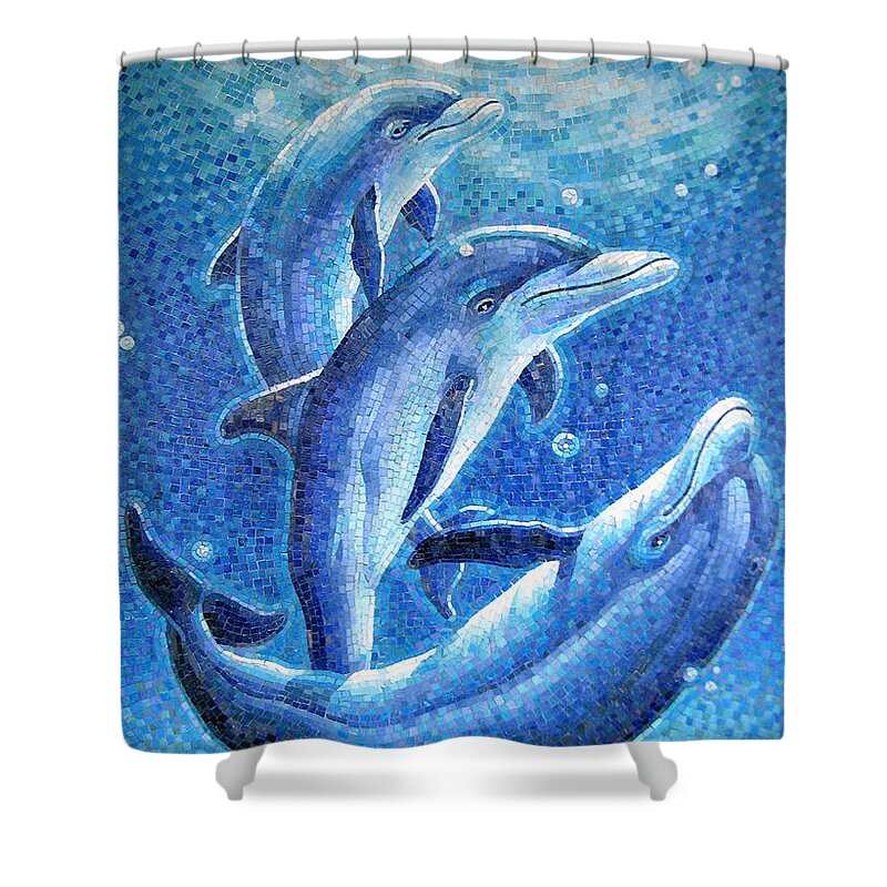 Playful Shower Curtain featuring the painting Dolphin Trio by Mia Tavonatti