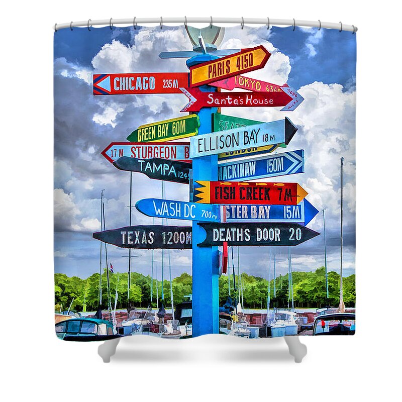 Door County Shower Curtain featuring the painting Door County Directional Sign in Egg Harbor by Christopher Arndt