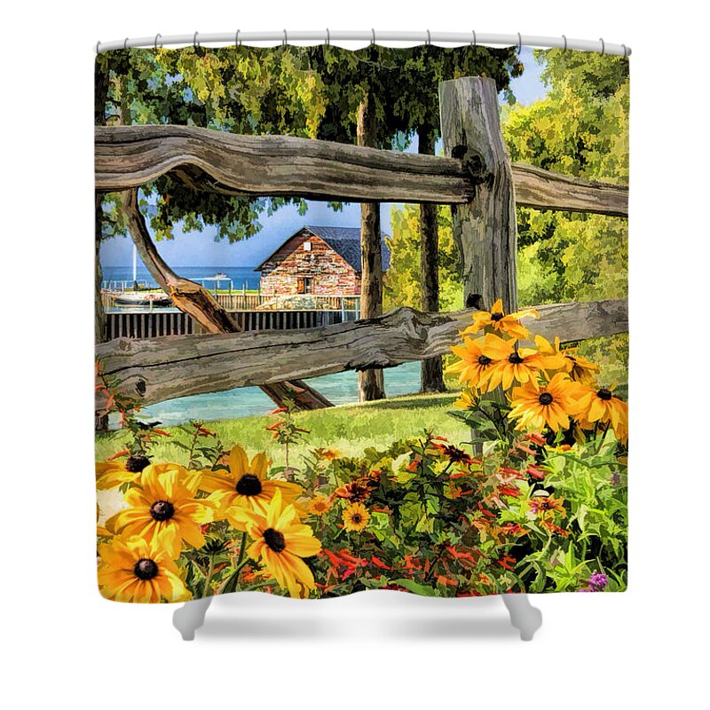 Door County Shower Curtain featuring the painting Door County Historic Anderson Dock Fence and Flowers by Christopher Arndt