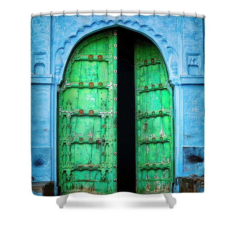 Architectural Feature Shower Curtain featuring the photograph Door In The Blue City - Jodhpur, India by Powerofforever