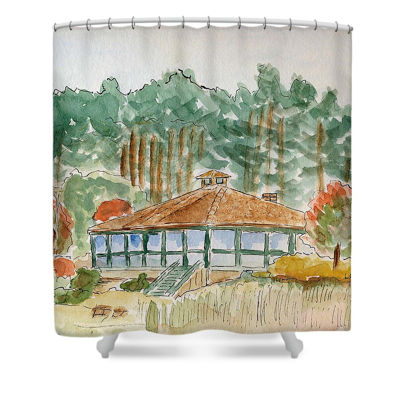 Autumn Shower Curtain featuring the painting Dorrs Pondhouse by Linda Feinberg