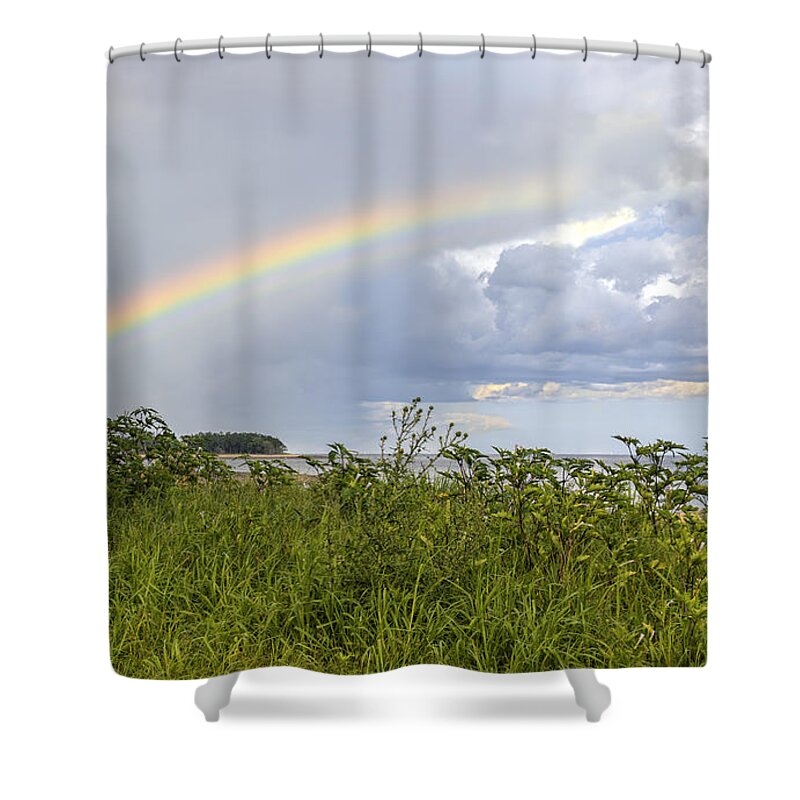 Rainbow Shower Curtain featuring the photograph Double rainbow Sheffield Island by Marianne Campolongo