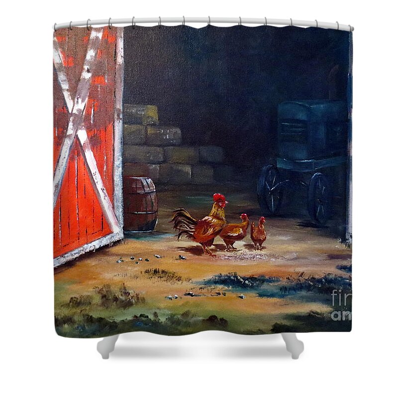 Chickens Shower Curtain featuring the painting Down On The Farm by Lee Piper