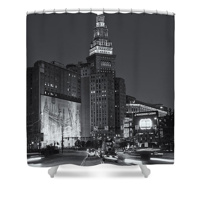 Clarence Holmes Shower Curtain featuring the photograph Downtown Cleveland Morning Traffic II by Clarence Holmes