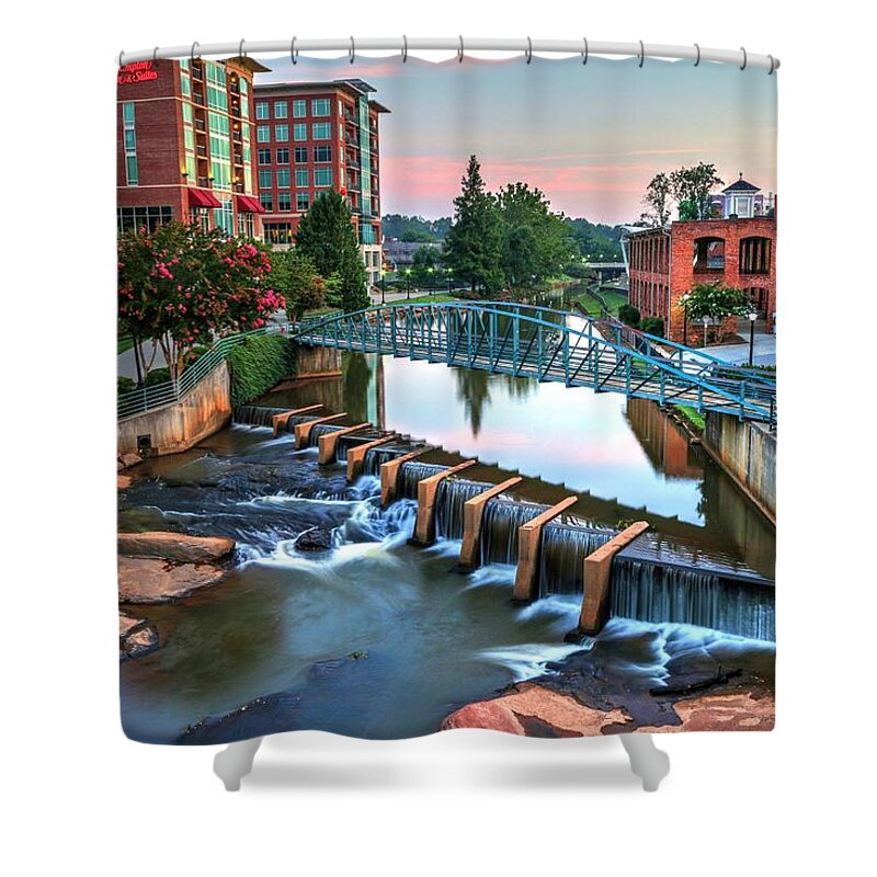 Downtown Greenville Shower Curtain featuring the photograph Downtown Greenville on the River by Carol Montoya