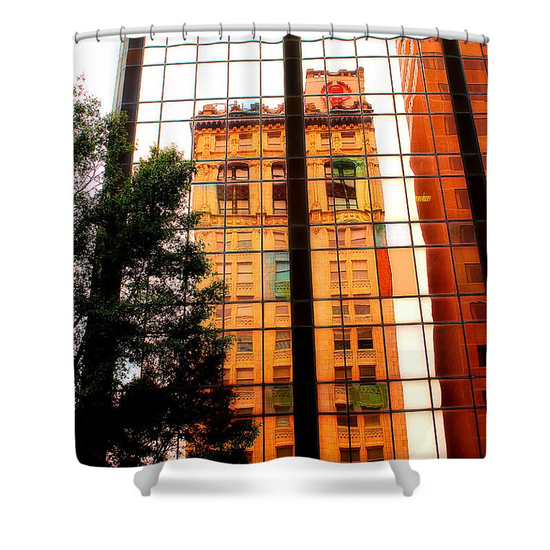 Building Reflection Shower Curtain featuring the photograph Downtown Reflection by Michael Eingle