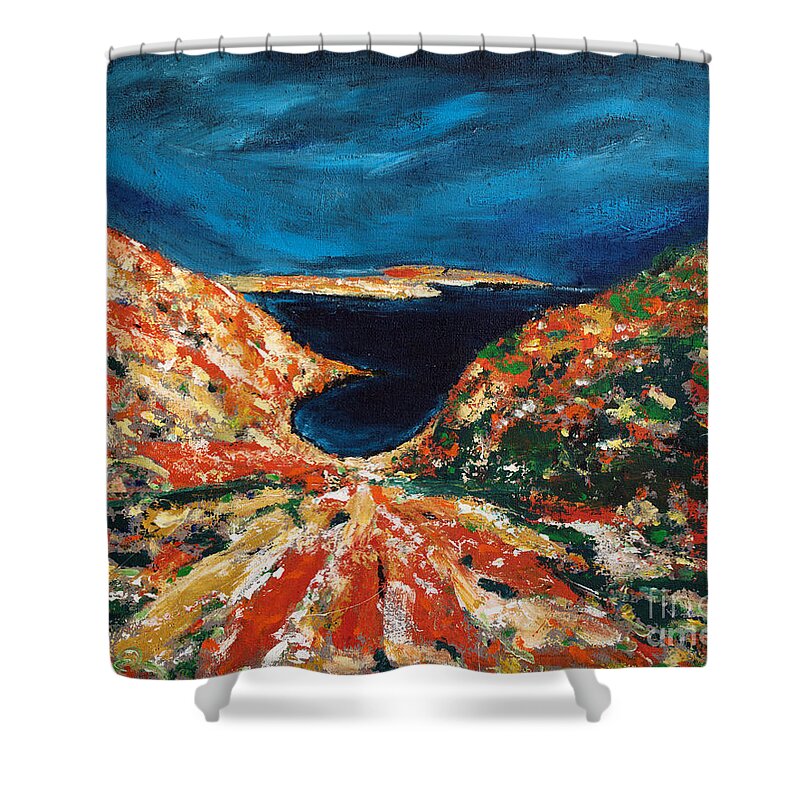 Abstract Landscape Painting Shower Curtain featuring the painting Drage Vrsi by Lidija Ivanek - SiLa