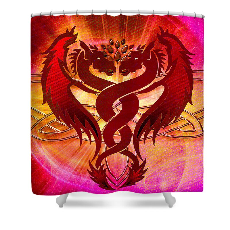 Red Shower Curtain featuring the digital art Dragon Duel Series 15 by Teri Schuster