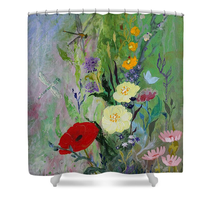 Dragonflies Shower Curtain featuring the painting Dragonflies Dancing by Robin Pedrero