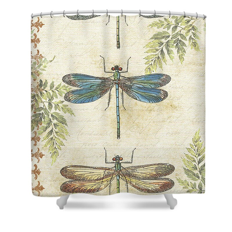 Fern Shower Curtain featuring the painting Dragonflies in the Summertime-JP2324 by Jean Plout