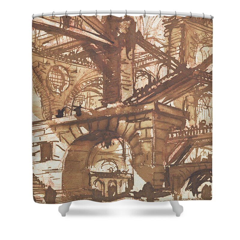 Gaol; Jail; Carceri D'invezione; Fictive; Fantastic; Vaulted; Multi Storey; Interior Shower Curtain featuring the drawing Drawing of an Imaginary Prison by Giovanni Battista Piranesi