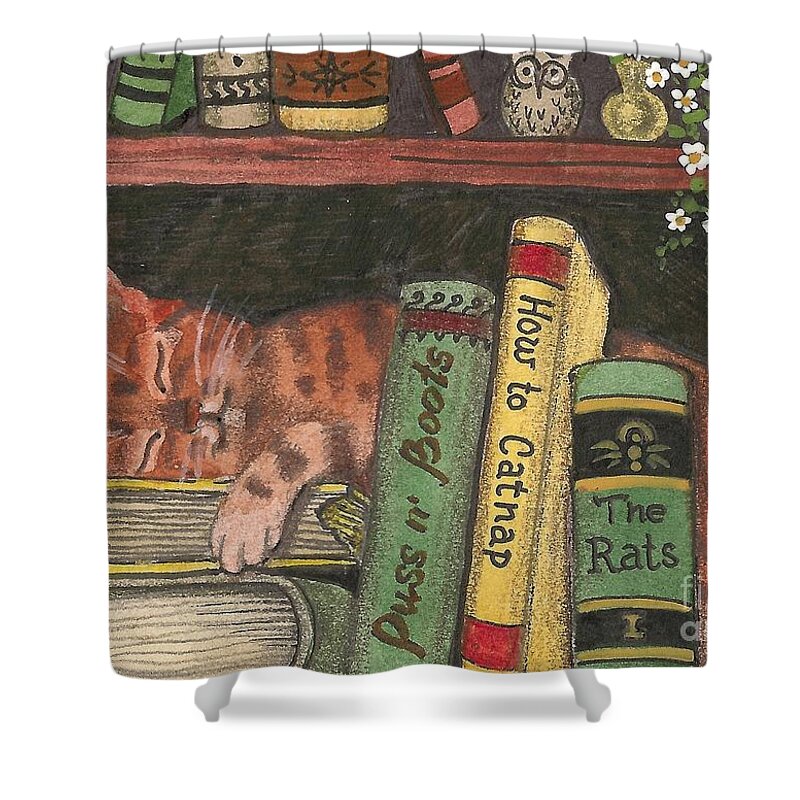 Print Shower Curtain featuring the painting Dreaming In The Library by Margaryta Yermolayeva