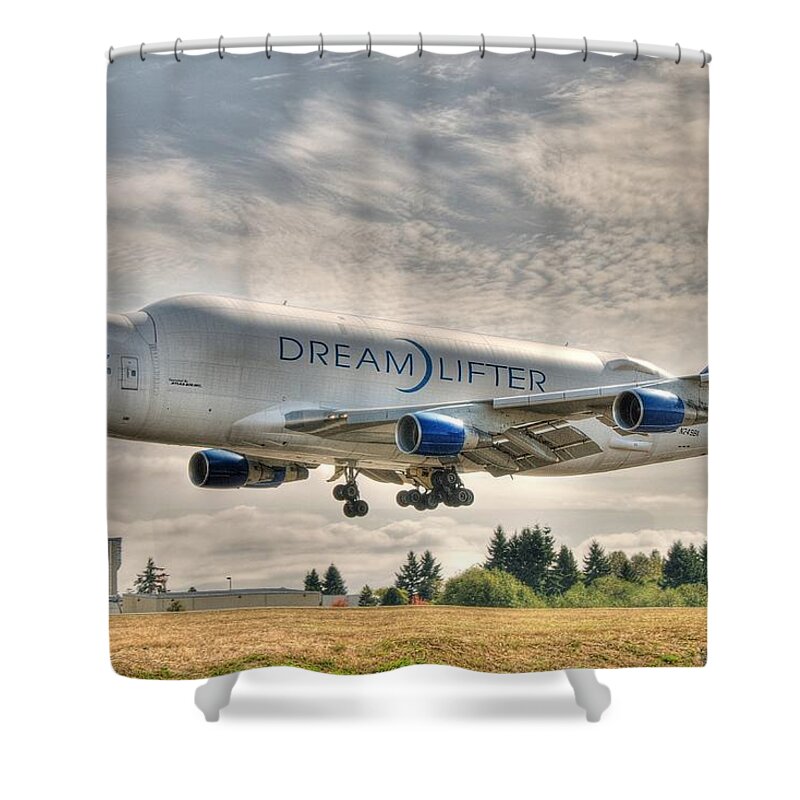747 Shower Curtain featuring the photograph Dreamlifter Landing 1 by Jeff Cook