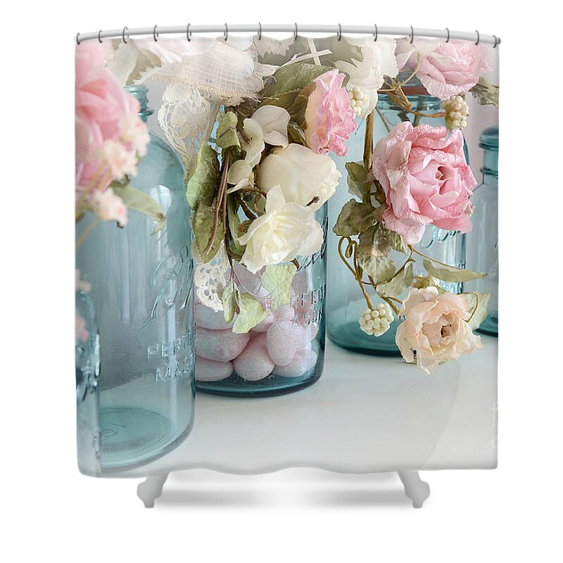 Shabby Chic Shower Curtain featuring the photograph Shabby Chic Roses Blue Aqua Ball Mason Jars - Roses In Aqua Blue Mason Jars - Shabby Chic Decor by Kathy Fornal