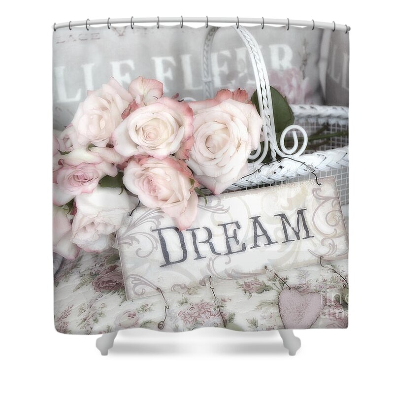 Shabby Chic Romantic Roses Shower Curtain featuring the photograph Dreamy Shabby Chic Romantic Cottage Chic Roses In White Basket by Kathy Fornal