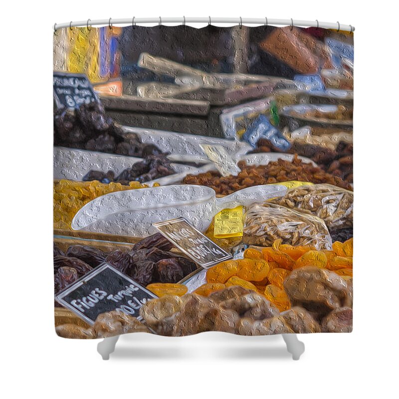 Market Shower Curtain featuring the digital art Dried fruits by Patricia Hofmeester
