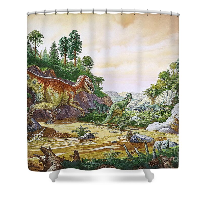 Illustration Shower Curtain featuring the photograph Dromaeosaurus Attacking A Herd by Publiphoto