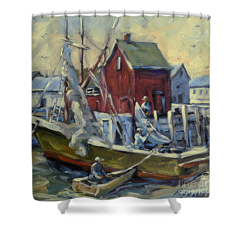 Seascape Shower Curtain featuring the painting Drying the Nets Motif I by Prankears by Richard T Pranke