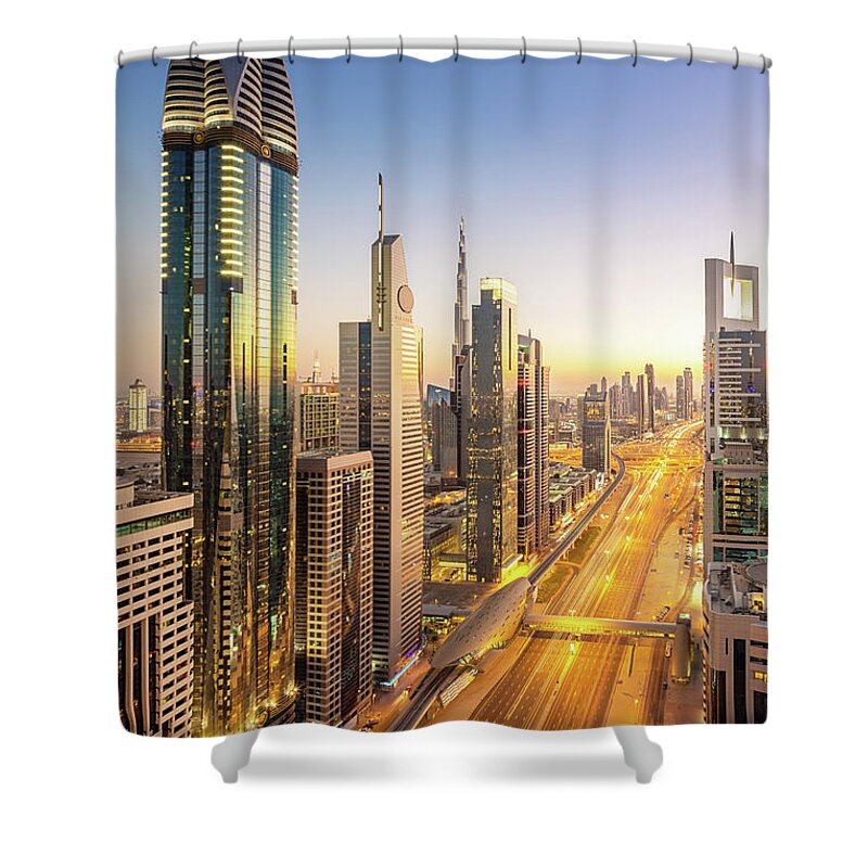 Corporate Business Shower Curtain featuring the photograph Dubai Skyscrapers In Sheikh Zayed Road by Mlenny