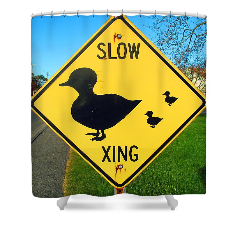 Sign Shower Curtain featuring the photograph Duck Crossing Sign by Barbara McDevitt