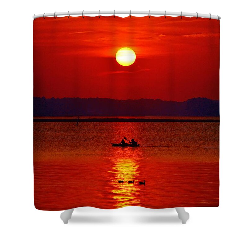 Beachbumpics Shower Curtain featuring the photograph Ducks and a Kayak - Sunset Photo by Billy Beck
