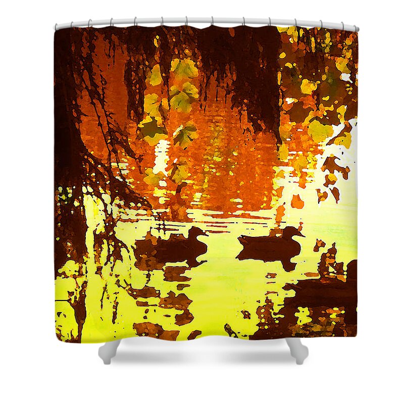  Shower Curtain featuring the painting Ducks on Red Lake by Amy Vangsgard