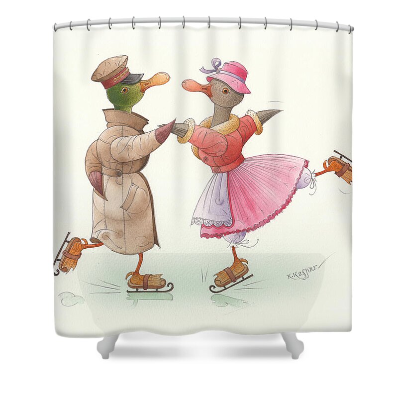 Christmas Winter Snow Skate Ducks Dance Greeting Cards Rose Green White Ice Shower Curtain featuring the painting Ducks on skates 17 by Kestutis Kasparavicius