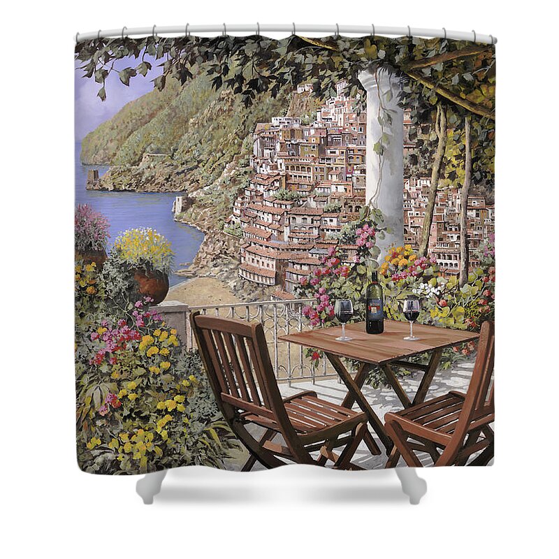 Positano Shower Curtain featuring the painting aperitivo a Positano by Guido Borelli