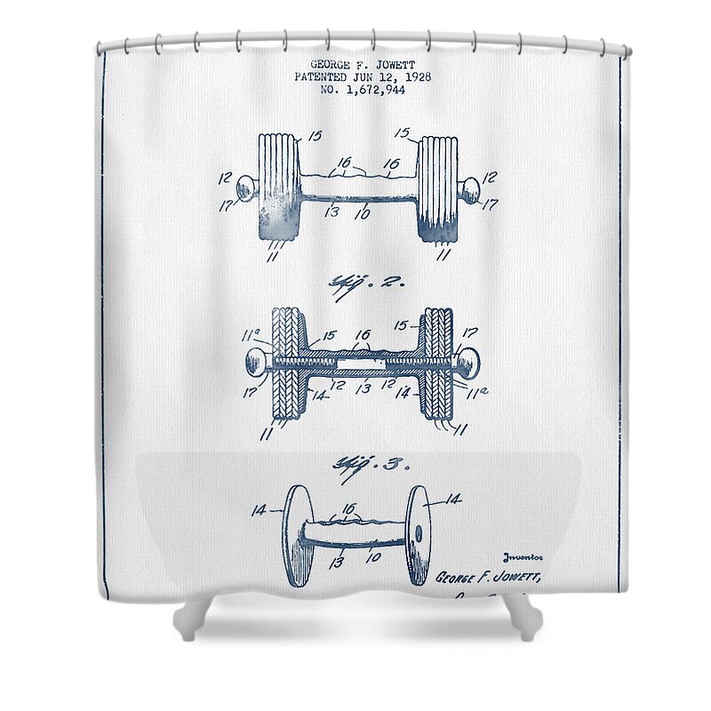 Dumbbell Shower Curtain featuring the digital art Dumbbell Patent Drawing from 1927 - Blue Ink by Aged Pixel
