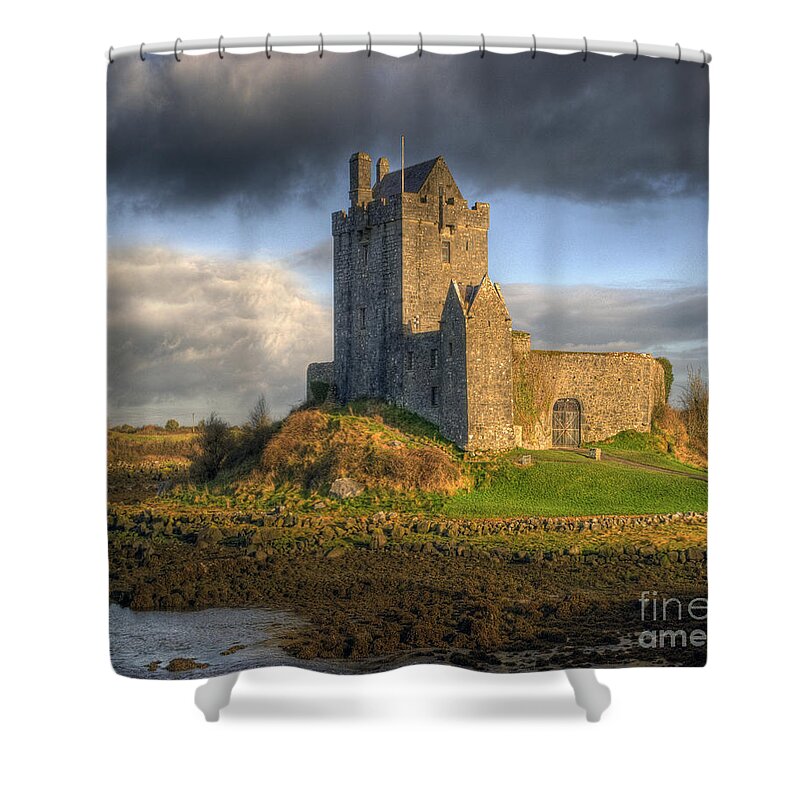 Ancient Shower Curtain featuring the photograph Dunguaire Castle with Dramatic Sky Kinvara Galway Ireland by Juli Scalzi