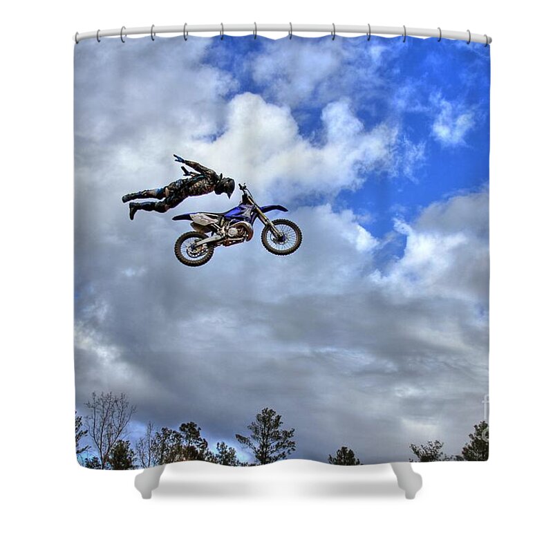 Reid Callaway Jumping Shower Curtain featuring the photograph Durhamtown Plantation Flying Higher by Reid Callaway