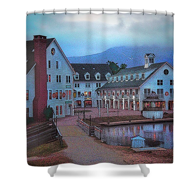 Waterville Valley Shower Curtain featuring the digital art Dusk Before Snow at Town Square by Nancy Griswold