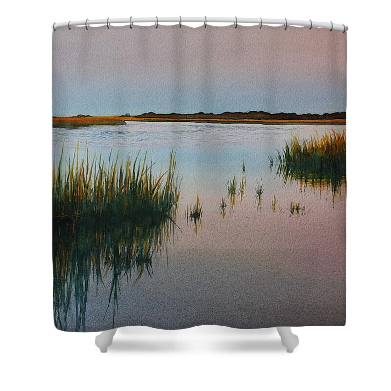 Muted Dusty Rose And Blues In A Carolina Water Scene.the Full Moon Can Be Seen Rising In The Distance Shower Curtain featuring the painting Dusk by Brenda Beck Fisher