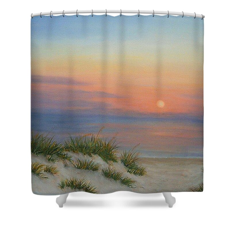 Coastal Sunrise Shower Curtain featuring the painting Early Glow by Audrey McLeod