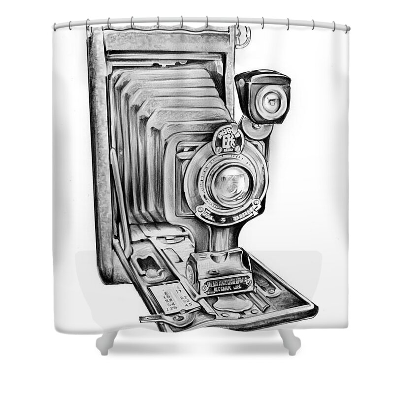 Kodak Camera Shower Curtain featuring the drawing Early Kodak Camera by Greg Joens
