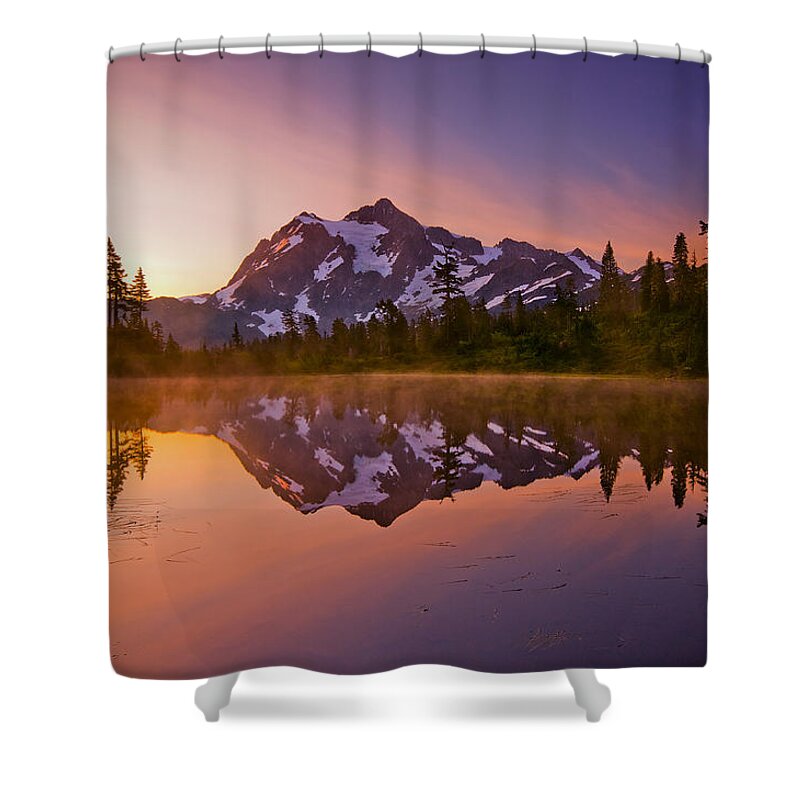 Sunrise Shower Curtain featuring the photograph Early Morning at Picture Lake by Darren White
