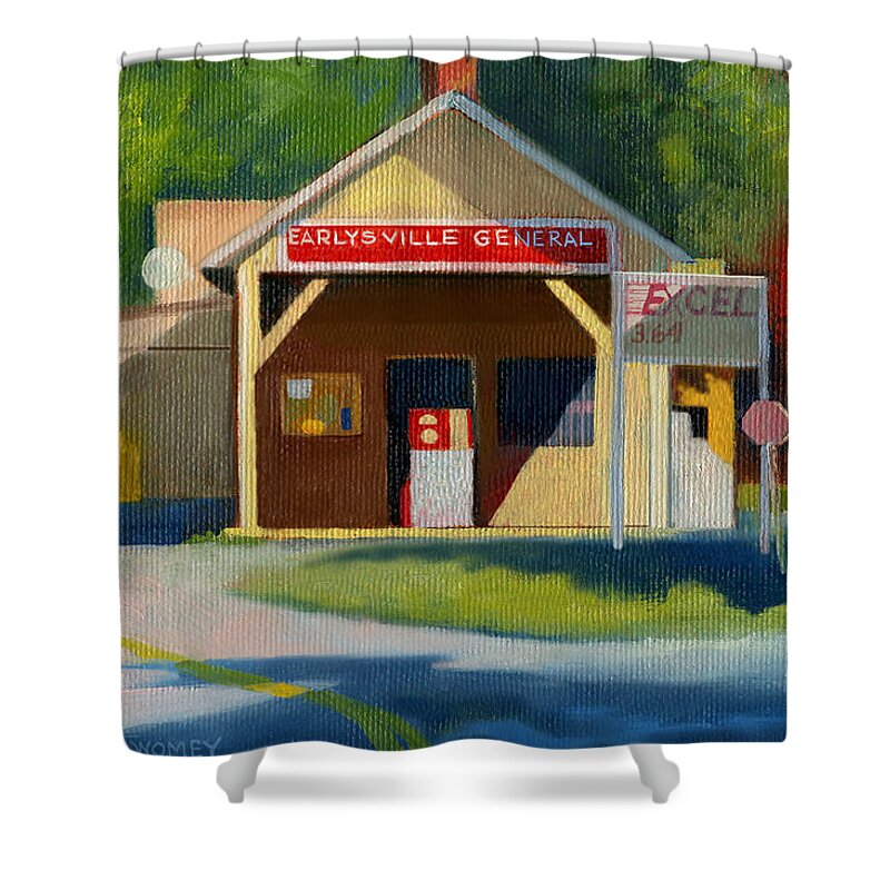 Earlysville Shower Curtain featuring the painting Earlysville Virginia Old Service Station Nostalgia by Catherine Twomey