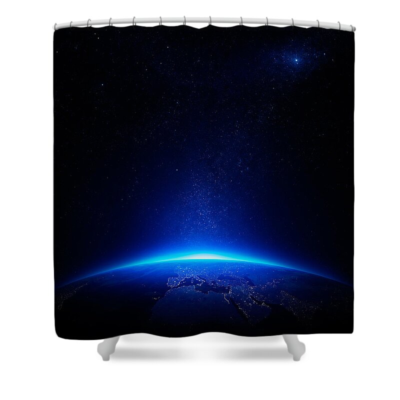 Earth Shower Curtain featuring the photograph Earth at night with city lights by Johan Swanepoel