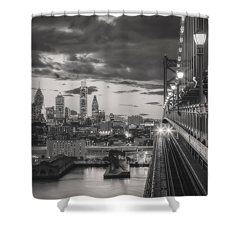 2014 Shower Curtain featuring the photograph Eastbound Encounter in black and white by Eduard Moldoveanu