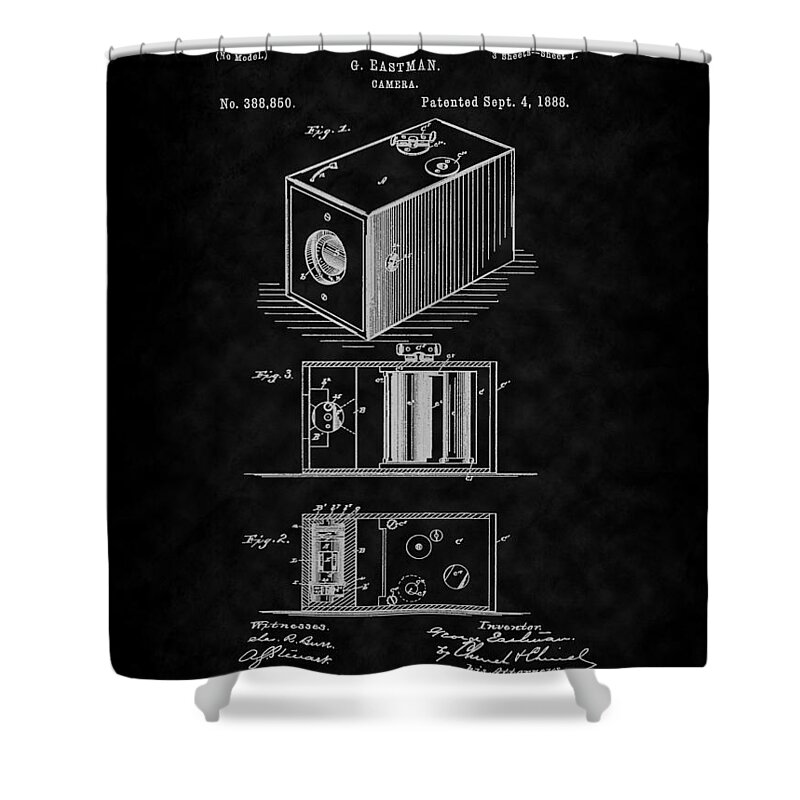 Camera Patent Shower Curtain featuring the digital art Eastman's 1888 Camera Patent Art-BK by Barry Jones