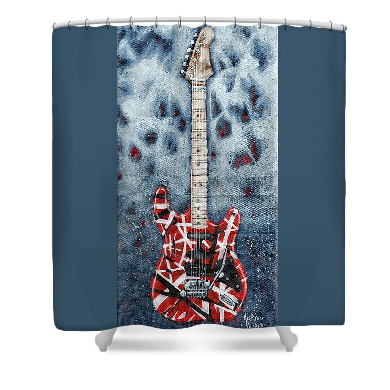 Guitar Shower Curtain featuring the painting Eddie's Frankenstrat by Arturo Vilmenay