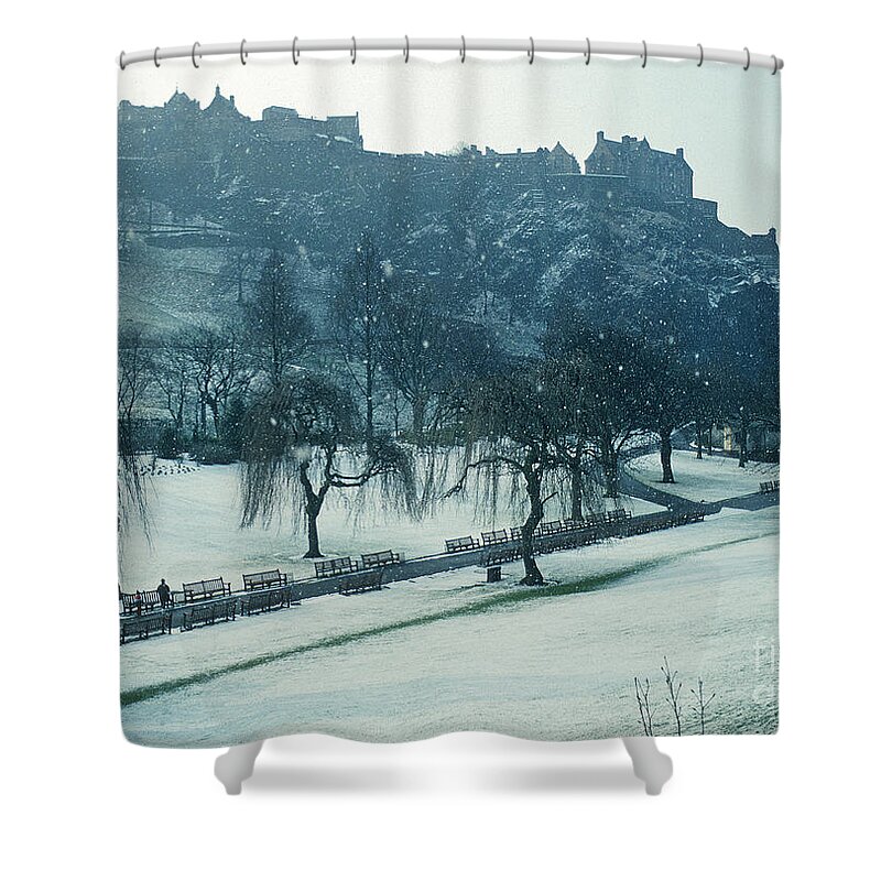 Edinburgh Castle Shower Curtain featuring the photograph Edinburgh Castle - snow shower by Phil Banks
