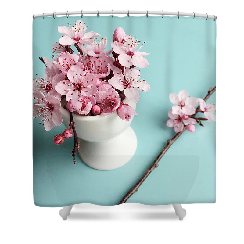 Fragility Shower Curtain featuring the photograph Egg Cup Filled With Pink Blossom by Lucydjevdet