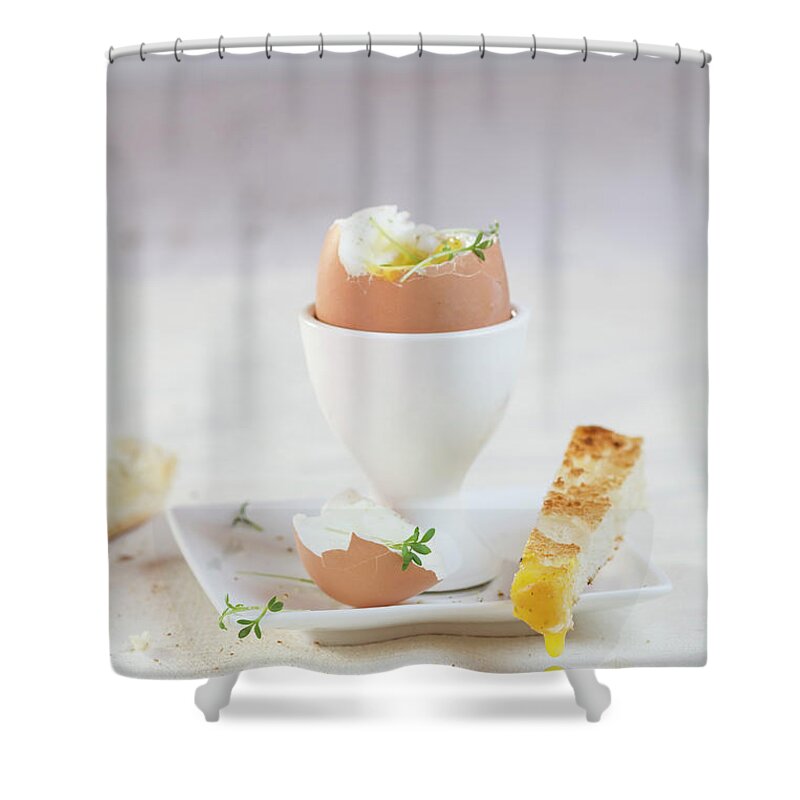 Breakfast Shower Curtain featuring the photograph Egg With Toasted Bread On Plate, Close by Westend61