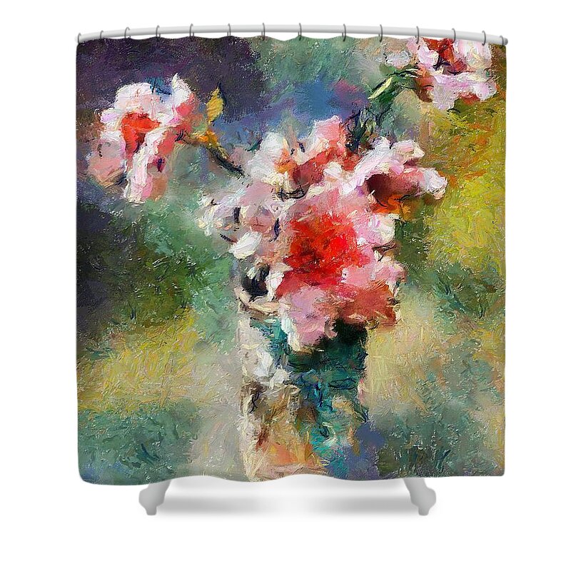 Stilllife Shower Curtain featuring the painting Eglantine From My Garden by Dragica Micki Fortuna