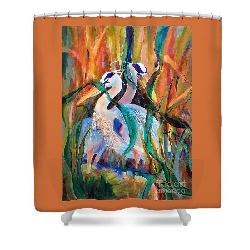 Paintings Shower Curtain featuring the painting Egrets in Red 2      by Kathy Braud